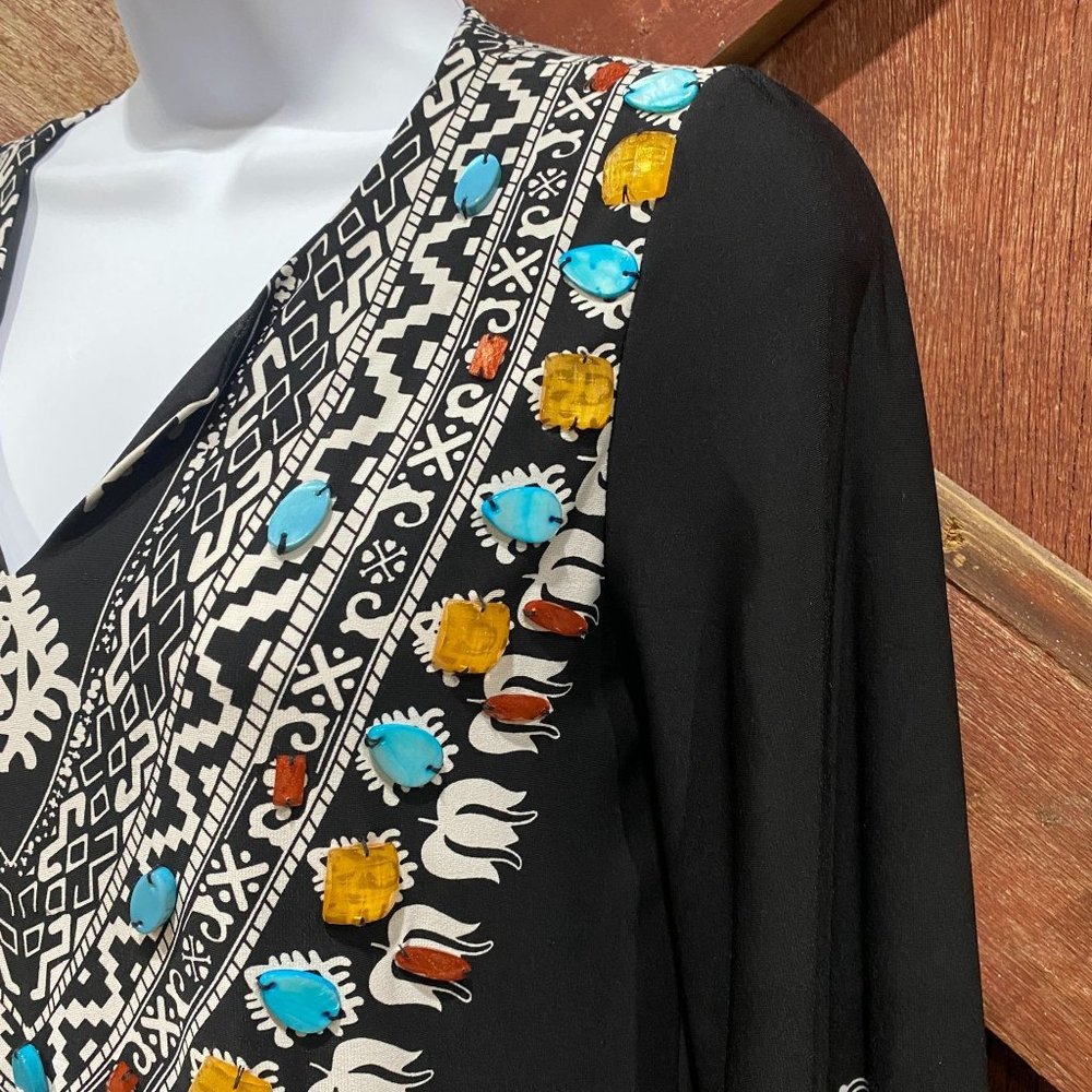 Chico's Beaded Southwestern Dress Size Small 0, Size 4 Stretch Colorful Bell Sle - Picture 5 of 12